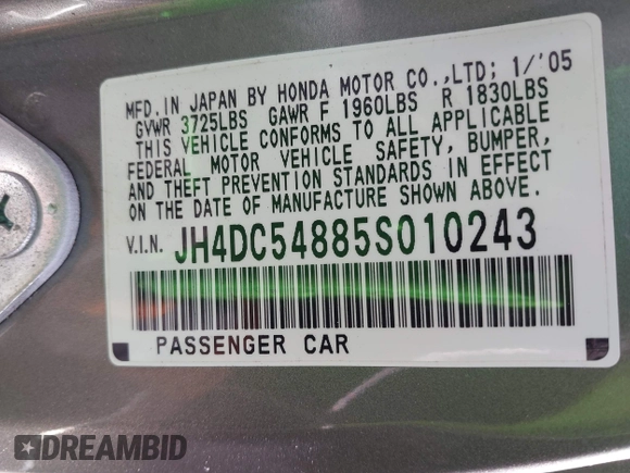 2005 Acura RSX with VIN JH4DC54885S010243, listed as a IAAI auction lot 42098465 with 126,501 mi miles. Bid and sale history available at carsss.com. Image 9.