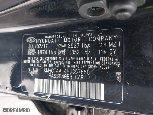 2017 Hyundai Accent SE with VIN KMHCT4AE4HU357686, listed as a IAAI auction lot 41066282 with 142,875 mi miles. Bid and sale history available at carsss.com. Image 9.