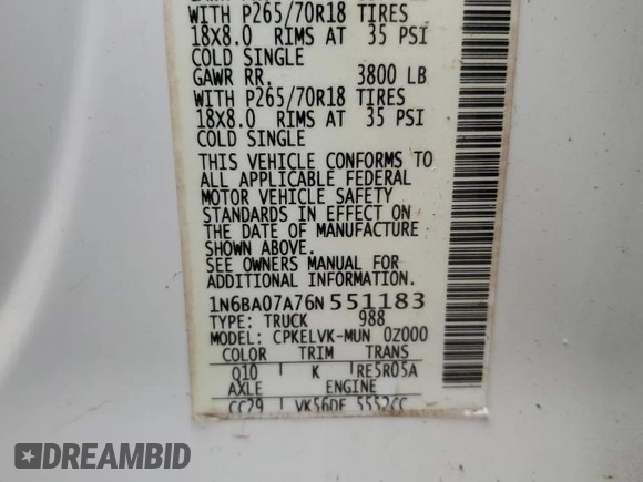 2006 Nissan Titan LE with VIN 1N6BA07A76N551183, listed as a Copart auction lot 53804515 with 216,816 mi miles and Salvage title. Bid and sale history available at DreamBid. Image 12.