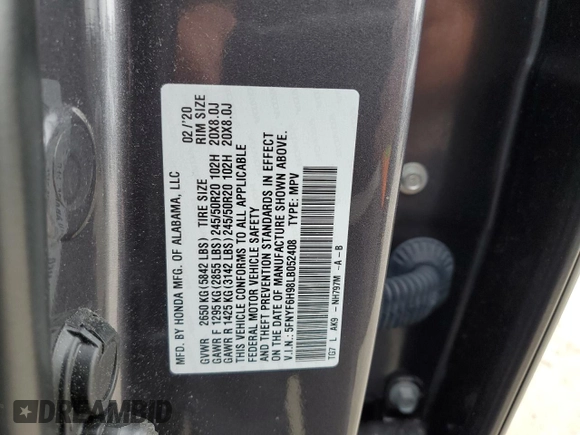 2020 Honda Pilot Touring 8-Passenger с VIN 5FNYF6H98LB052408, выставлен на аукционе Copart как лот 57807205 с пробегом 72 449 миль миль и Списание • Salvage title. История ставок и продаж доступна на DreamBid. Изображение 14.