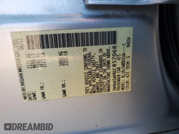 2012 Nissan Maxima S with VIN 1N4AA5AP6CC857068, listed as a Copart auction lot 81541754 with 65,229 mi miles and Salvage title. Bid and sale history available at DreamBid. Image 14.