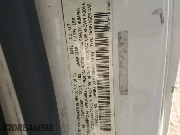 2008 Volkswagen Beetle SE with VIN 3VWRF31Y18M407648, listed as a Copart auction lot 86413934 with 131,242 mi miles and Salvage title. Bid and sale history available at DreamBid. Image 12.