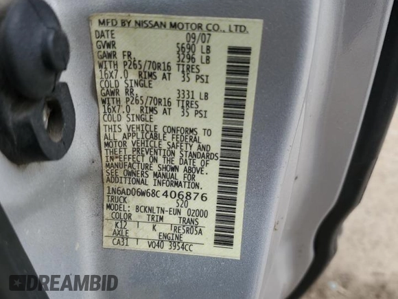 2008 Nissan Frontier SE with VIN 1N6AD06W68C406876, listed as a Copart auction lot 48726085 with 134,798 mi miles and Salvage title. Bid and sale history available at DreamBid. Image 12.