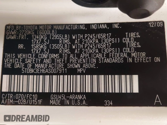 2010 Toyota Highlander with VIN 5TDBK3EH6AS007911, listed as a IAAI auction lot 42410234 with 319,560 mi miles and . Bid and sale history available at DreamBid. Image 9.