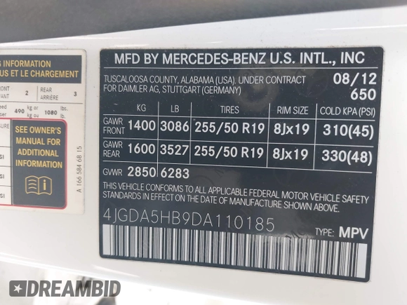 2013 Mercedes-Benz M 350 with VIN 4JGDA5HB9DA110185, listed as a IAAI auction lot 42563832 with 125,340 mi miles and . Bid and sale history available at DreamBid. Image 9.
