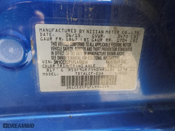 2015 Nissan Versa Note SV with VIN 3N1CE2CP1FL446014, listed as a Copart auction lot 53367735 with 154,974 mi miles and Salvage Title. Bid and sale history available at carsss.com. Image 13.