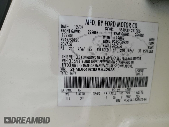 2008 Ford Edge Limited with VIN 2FMDK49C68BA42825, listed as a Copart auction lot 52525065 with 201,898 mi miles and Salvage Title. Bid and sale history available at carsss.com. Image 13.