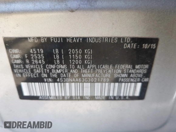 2016 Subaru Legacy 2.5i with VIN 4S3BNAA63G3021789, listed as a IAAI auction lot 42032283 with 132,431 mi miles and . Bid and sale history available at carsss.com. Image 9.