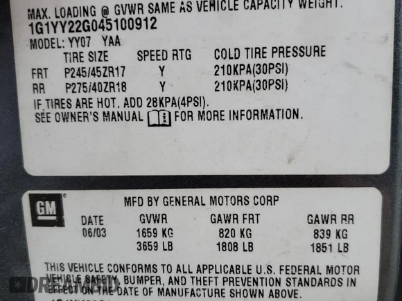 2004 Chevrolet Corvette with VIN 1G1YY22G045100912, listed as a Copart auction lot 47004165 with 0 mi miles and Salvage Title. Bid and sale history available at carsss.com. Image 12.