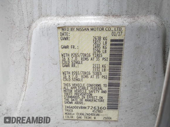 2017 Nissan Frontier SV z VIN 1N6AD0EV8HN726360, wystawiony jako IAAI lot #42299072 z przebiegiem 149 645 mil mil oraz . Historia ofert i sprzedaży dostępna na DreamBid. Obrazek 9.