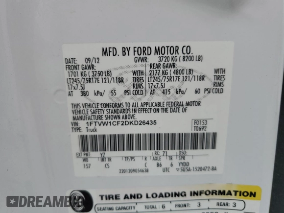 2013 Ford F-150 with VIN 1FTVW1CF2DKD26435, listed as a Copart auction lot 63986444 with 43,233 mi miles and Salvage title. Bid and sale history available at DreamBid. Image 12.