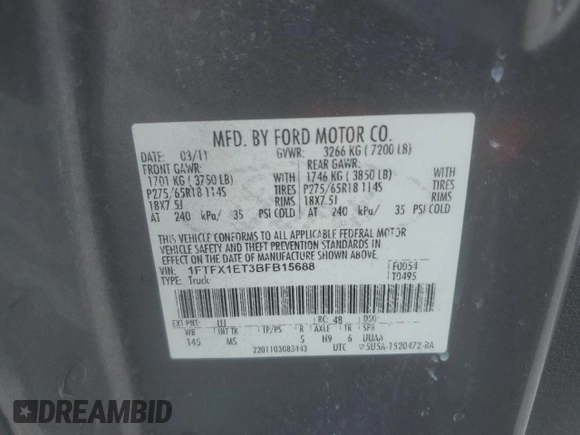 2011 Ford F-150 XL with VIN 1FTFX1ET3BFB15688, listed as a Copart auction lot 63249505 with 202,267 mi miles and Clean title. Bid and sale history available at DreamBid. Image 12.