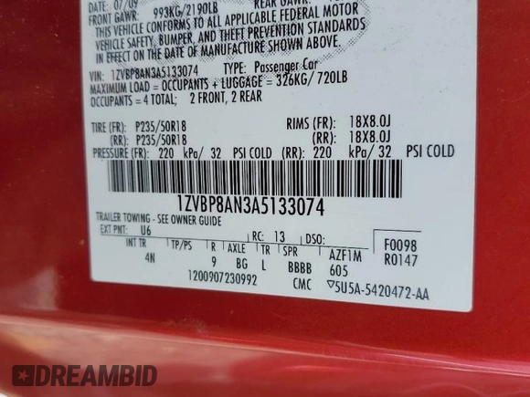 2010 Ford Mustang V6 with VIN 1ZVBP8AN3A5133074, listed as a Copart auction lot 52142895 with 124,033 mi miles and Salvage Title. Bid and sale history available at DreamBid. Image 12.