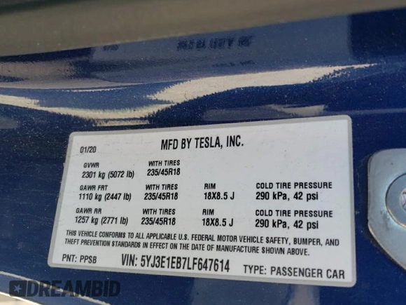 2020 Tesla Model 3 Long Range z VIN 5YJ3E1EB7LF647614, wystawiony jako Copart lot #51316115 z przebiegiem 54 917 mil mil oraz Szkoda całkowita • Salvage title. Historia ofert i sprzedaży dostępna na DreamBid. Obrazek 14.