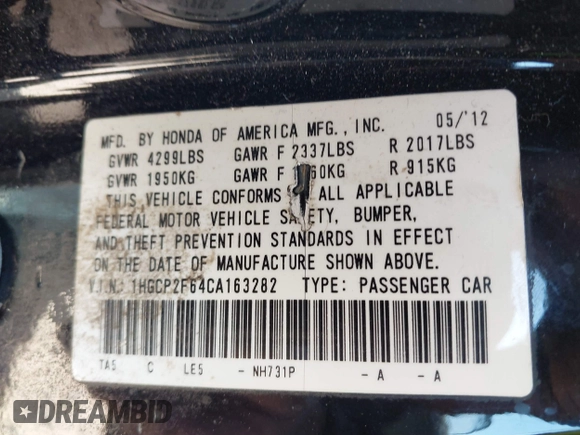 2012 Honda Accord SE z VIN 1HGCP2F64CA163282, wystawiony jako IAAI lot #41777461 z przebiegiem 111 975 mil mil oraz . Historia ofert i sprzedaży dostępna na DreamBid. Obrazek 9.