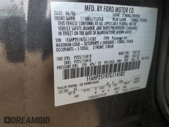 2007 Ford Five Hundred Limited with VIN 1FAHP25197G114582, listed as a Copart auction lot 76550564 with 0 mi miles and Salvage Title. Bid and sale history available at carsss.com. Image 15.