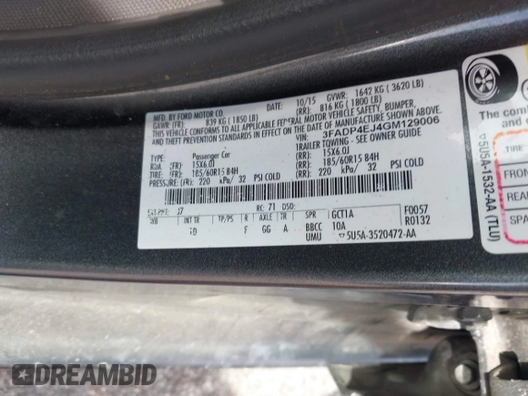 2016 Ford Fiesta SE with VIN 3FADP4EJ4GM129006, listed as a IAAI auction lot 42085892 with 146,044 mi miles. Bid and sale history available at carsss.com. Image 9.