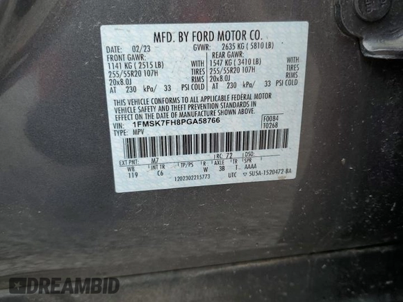 2023 Ford Explorer Limited z VIN 1FMSK7FH8PGA58766, wystawiony jako Copart lot #54122765 z przebiegiem 40 352 mil mil oraz Szkoda całkowita • Salvage title. Historia ofert i sprzedaży dostępna na DreamBid. Obrazek 13.