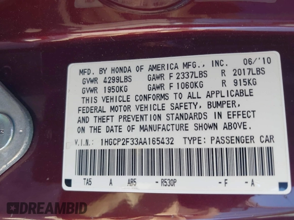 2010 Honda Accord LX with VIN 1HGCP2F33AA165432, listed as a IAAI auction lot 42041517 with 122,009 mi miles and . Bid and sale history available at DreamBid. Image 9.
