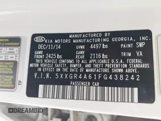 2015 Kia Optima SX Turbo with VIN 5XXGR4A61FG438242, listed as a IAAI auction lot 42344818 with 157,098 mi miles and . Bid and sale history available at DreamBid. Image 9.