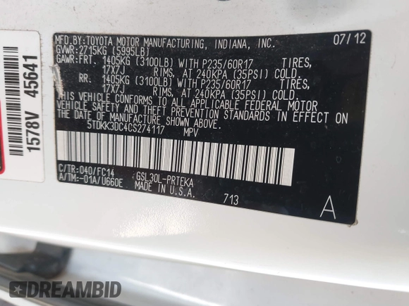 2012 Toyota Sienna LE AAS with VIN 5TDKK3DC4CS274117, listed as a IAAI auction lot 42008690 with 205,353 mi miles. Bid and sale history available at carsss.com. Image 9.