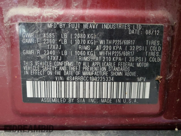 2013 Subaru Outback Premium with VIN 4S4BRBCC1D3225334, listed as a Copart auction lot 55253285 with 135,836 mi miles and Clean Title. Bid and sale history available at carsss.com. Image 13.