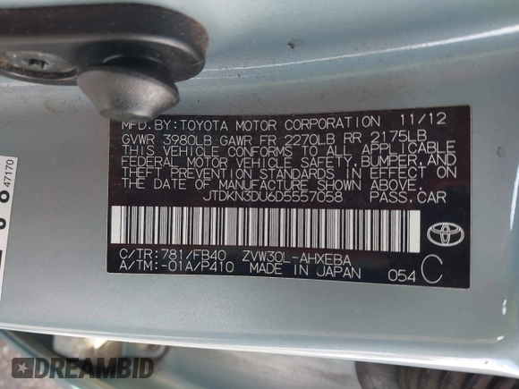 2013 Toyota Prius One with VIN JTDKN3DU6D5557058, listed as a IAAI auction lot 41765281 with 118,128 mi miles. Bid and sale history available at carsss.com. Image 9.