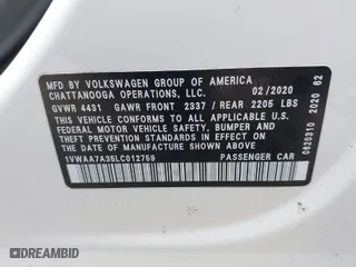 2020 Volkswagen Passat 2.0T S with VIN 1VWAA7A35LC012759, listed as a IAAI auction lot 39909072 with 50,690 mi miles. Bid and sale history available at carsss.com. Image 9.