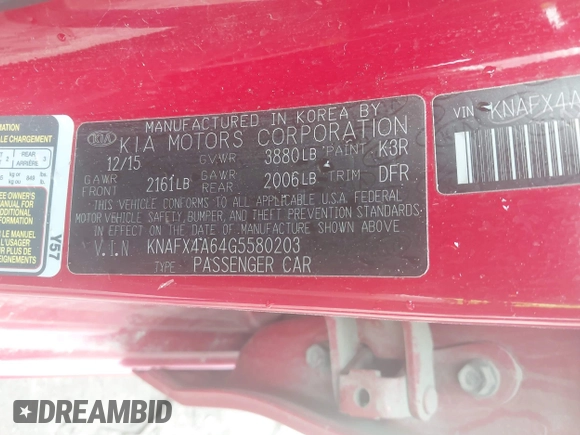 2016 Kia Forte LX with VIN KNAFX4A64G5580203, listed as a IAAI auction lot 41961563 with 140,800 mi miles. Bid and sale history available at carsss.com. Image 9.