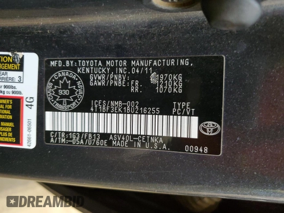 2011 Toyota Camry LE with VIN 4T1BF3EK1BU216255, listed as a Copart auction lot 87608795 with 353,742 mi miles and Salvage Title. Bid and sale history available at carsss.com. Image 12.
