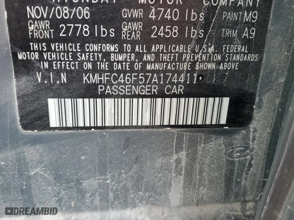 2007 Hyundai Azera SE with VIN KMHFC46F57A174411, listed as a Copart auction lot 78999364 with 131,941 mi miles and Salvage Title. Bid and sale history available at carsss.com. Image 12.