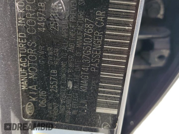 2016 Kia Optima LX with VIN KNAGT4L37G5107687, listed as a Copart auction lot 60239765 with 187,410 mi miles and Salvage title. Bid and sale history available at DreamBid. Image 12.