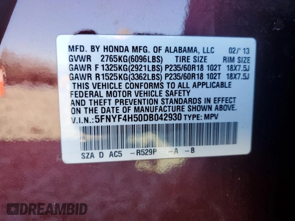 2013 Honda Pilot EX-L with VIN 5FNYF4H50DB042930, listed as a Copart auction lot 88541495 with 173,249 mi miles and Salvage Title. Bid and sale history available at DreamBid. Image 15.