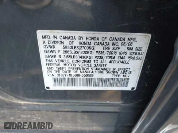2006 Honda Pilot EX-L with VIN 2HKYF18586H556169, listed as a IAAI auction lot 42031231 with 260,963 mi miles and . Bid and sale history available at DreamBid. Image 8.