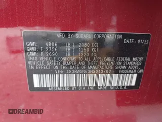 2022 Subaru Legacy Limited XT with VIN 4S3BWGN63N3013702, listed as a IAAI auction lot 41955652 with 44,124 mi miles and . Bid and sale history available at DreamBid. Image 9.