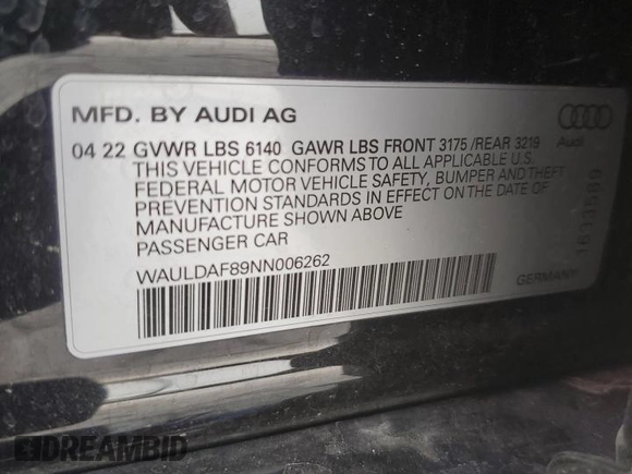 2022 Audi A8 with VIN WAULDAF89NN006262, listed as a Copart auction lot 57478025 with 13,020 mi miles and Salvage title. Bid and sale history available at DreamBid. Image 12.