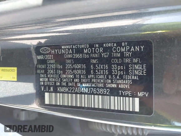 2022 Hyundai Kona Preferred with VIN KM8K22AB4NU763892, listed as a IAAI auction lot 41840434 with 62,197 mi miles and . Bid and sale history available at carsss.com. Image 9.