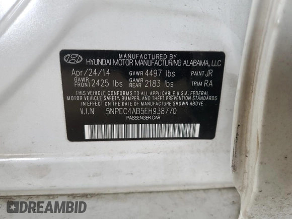 2014 Hyundai Sonata Limited with VIN 5NPEC4AB5EH938770, listed as a Copart auction lot 51627115 with 174,333 mi miles and Salvage Title. Bid and sale history available at DreamBid. Image 12.