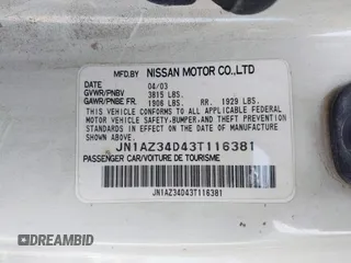 2003 Nissan 350Z Enthusiast with VIN JN1AZ34D43T116381, listed as a IAAI auction lot 41507588 with 195,944 mi miles. Bid and sale history available at carsss.com. Image 9.