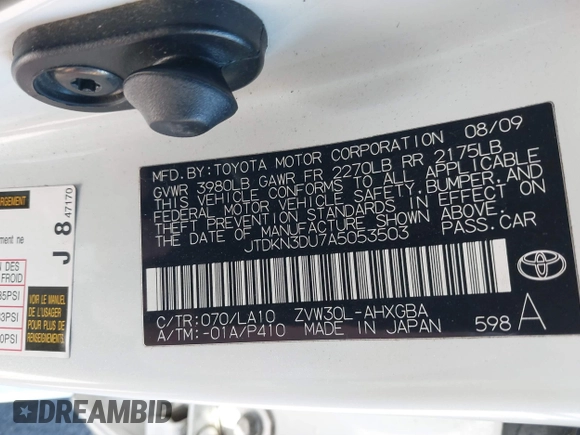 2010 Toyota Prius II with VIN JTDKN3DU7A5053503, listed as a IAAI auction lot 41518752 with 166,155 mi miles. Bid and sale history available at carsss.com. Image 9.