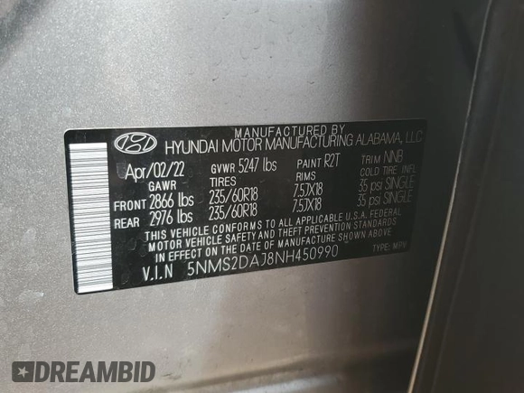 2022 Hyundai Santa Fe SEL with VIN 5NMS2DAJ8NH450990, listed as a Copart auction lot 48515085 with 49,737 mi miles and Salvage Title. Bid and sale history available at carsss.com. Image 13.