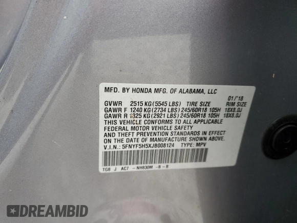 2018 Honda Pilot EX-L with VIN 5FNYF5H5XJB008124, listed as a Copart auction lot 55645645 with 149,764 mi miles and Salvage title. Bid and sale history available at DreamBid. Image 13.