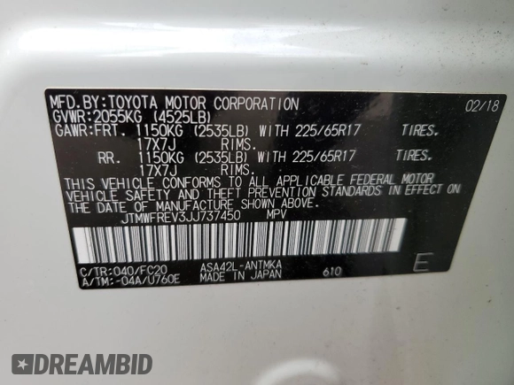2018 Toyota RAV4 XLE with VIN JTMWFREV3JJ737450, listed as a Copart auction lot 50206255 with 7,805 mi miles and Salvage Title. Bid and sale history available at DreamBid. Image 14.