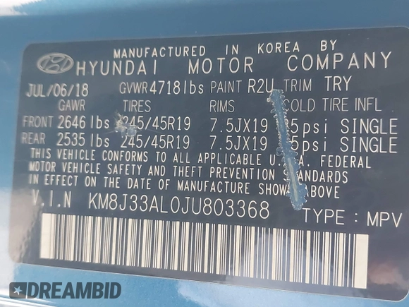2018 Hyundai Tucson Sport with VIN KM8J33AL0JU803368, listed as a IAAI auction lot 41937235 with 64,163 mi miles and . Bid and sale history available at DreamBid. Image 9.