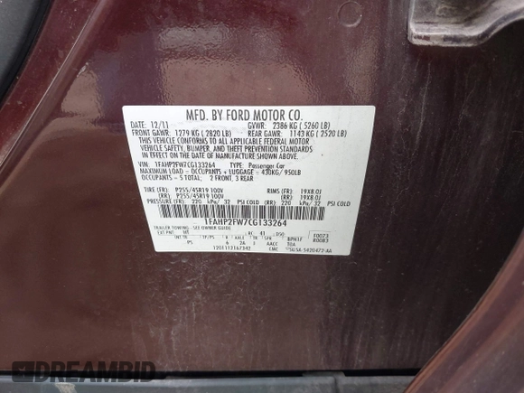 2012 Ford Taurus Limited with VIN 1FAHP2FW7CG133264, listed as a IAAI auction lot 42184346 with 169,561 mi miles and . Bid and sale history available at DreamBid. Image 9.