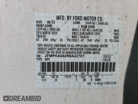 2024 Ford Edge SE z VIN 2FMPK4G92RBA22707, wystawiony jako Copart lot #56292565 z przebiegiem 44 681 mil mil oraz Szkoda całkowita • Salvage title. Historia ofert i sprzedaży dostępna na DreamBid. Obrazek 14.