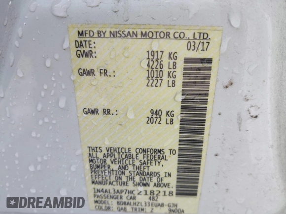 2017 Nissan Altima SR with VIN 1N4AL3AP7HC218218, listed as a IAAI auction lot 41848359 with 175,626 mi miles and . Bid and sale history available at carsss.com. Image 9.