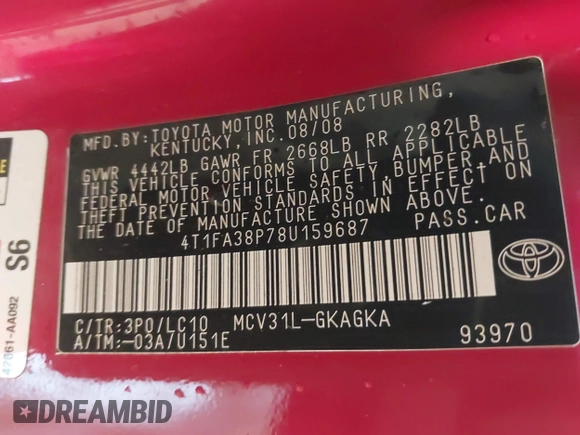 2008 Toyota Solara SE with VIN 4T1FA38P78U159687, listed as a IAAI auction lot 42230794 with 130,262 mi miles and . Bid and sale history available at DreamBid. Image 9.