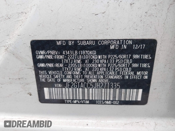 2018 Subaru Crosstrek Premium z VIN JF2GTACC5JH271335, wystawiony jako IAAI lot #42242097 z przebiegiem Nie podano mil oraz . Historia ofert i sprzedaży dostępna na DreamBid. Obrazek 9.