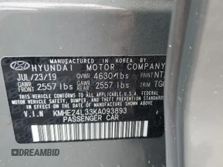 2019 Hyundai Sonata Hybrid SE with VIN KMHE24L33KA093893, listed as a Copart auction lot 65571803 with 47,156 mi miles. Bid and sale history available at carsss.com. Image 12.